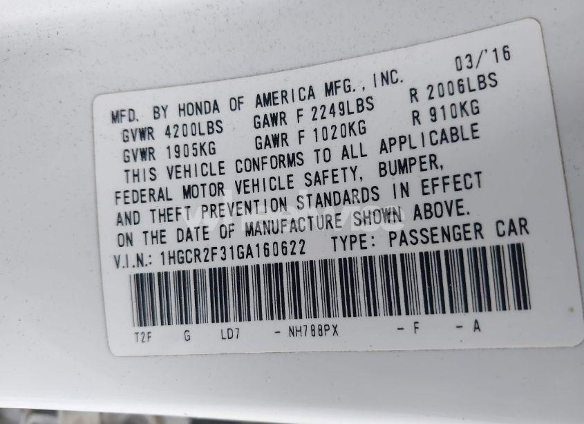 Photo 9 of 2016 Honda Accord LX (VIN 1HGCR2F31GA160622)