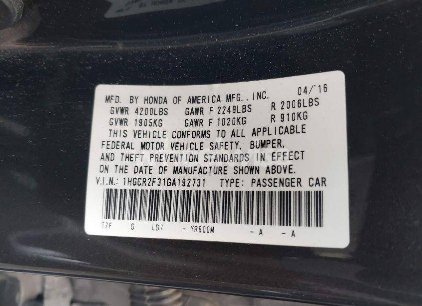 Photo 9 of 2016 Honda Accord LX (VIN 1HGCR2F31GA192731)