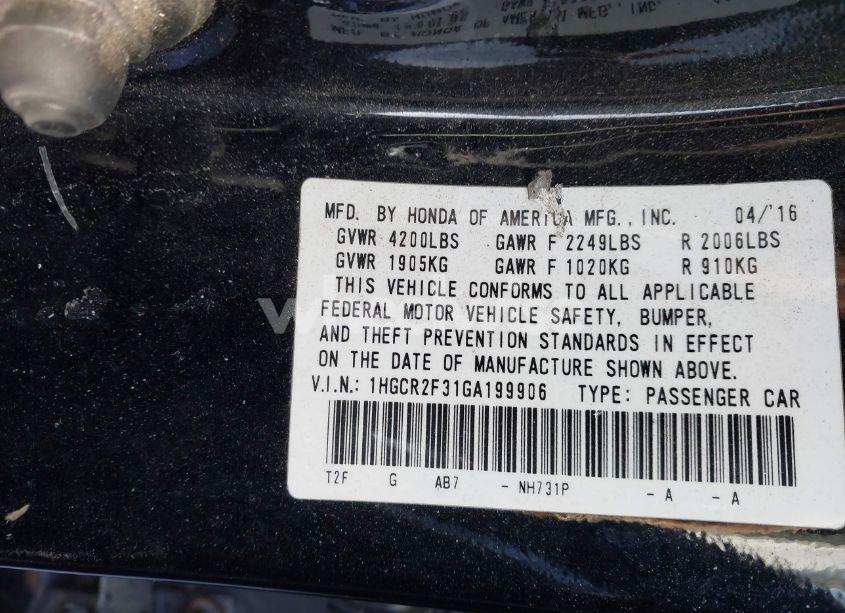 Photo 9 of 2016 Honda Accord LX (VIN 1HGCR2F31GA199906)