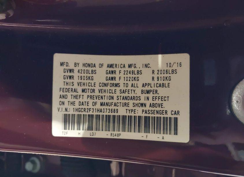 Photo 9 of 2017 Honda Accord LX (VIN 1HGCR2F31HA073689)