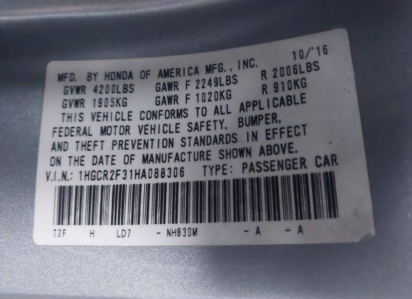 Photo 9 of 2017 Honda Accord LX (VIN 1HGCR2F31HA088306)