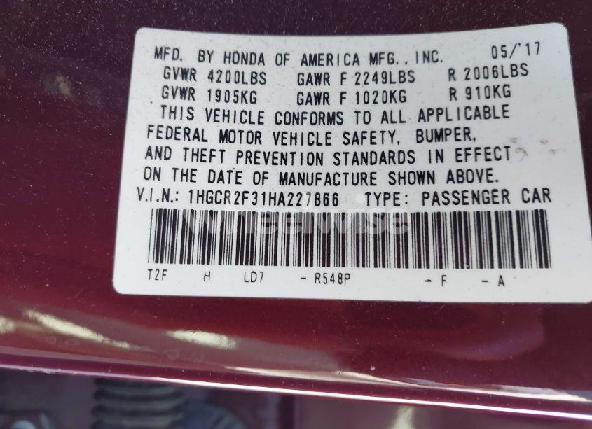 Photo 9 of 2017 Honda Accord LX (VIN 1HGCR2F31HA227866)