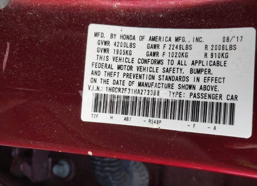 Photo 9 of 2017 Honda Accord LX (VIN 1HGCR2F31HA273388)