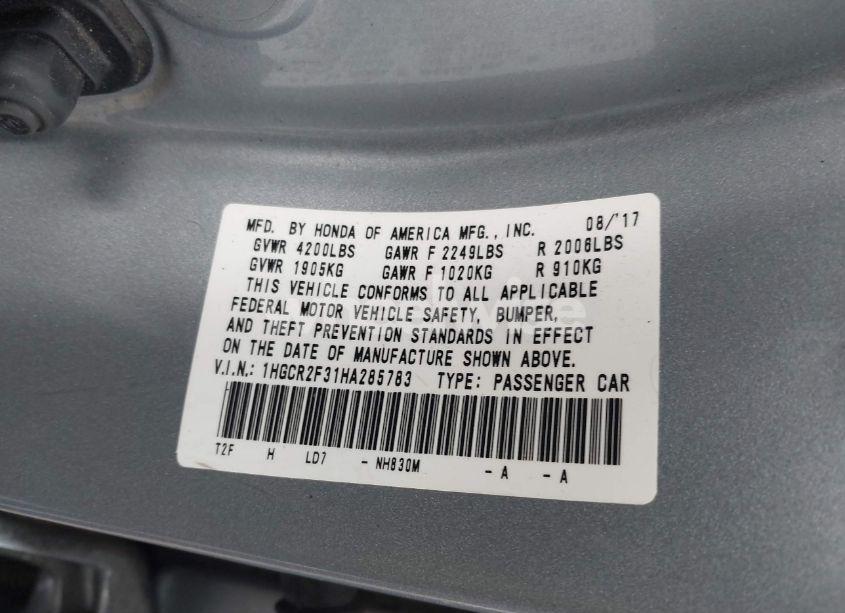 Photo 9 of 2017 Honda Accord LX (VIN 1HGCR2F31HA285783)