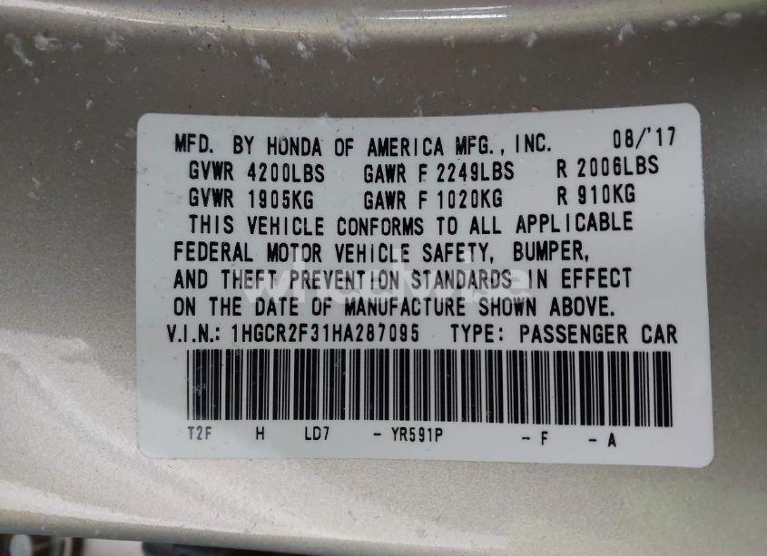 Photo 9 of 2017 Honda Accord LX (VIN 1HGCR2F31HA287095)