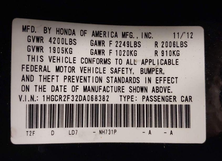 Photo 9 of 2013 Honda Accord LX (VIN 1HGCR2F32DA068382)