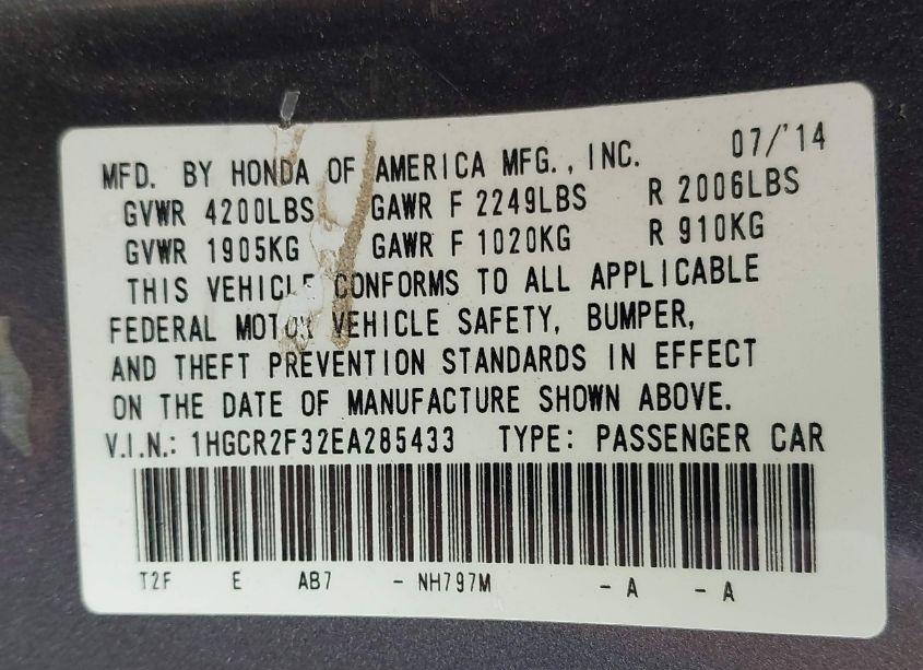 Photo 9 of 2014 Honda Accord LX (VIN 1HGCR2F32EA285433)