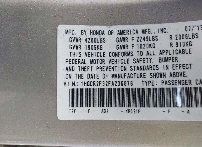 Photo 9 of 2015 Honda Accord LX (VIN 1HGCR2F32FA236878)