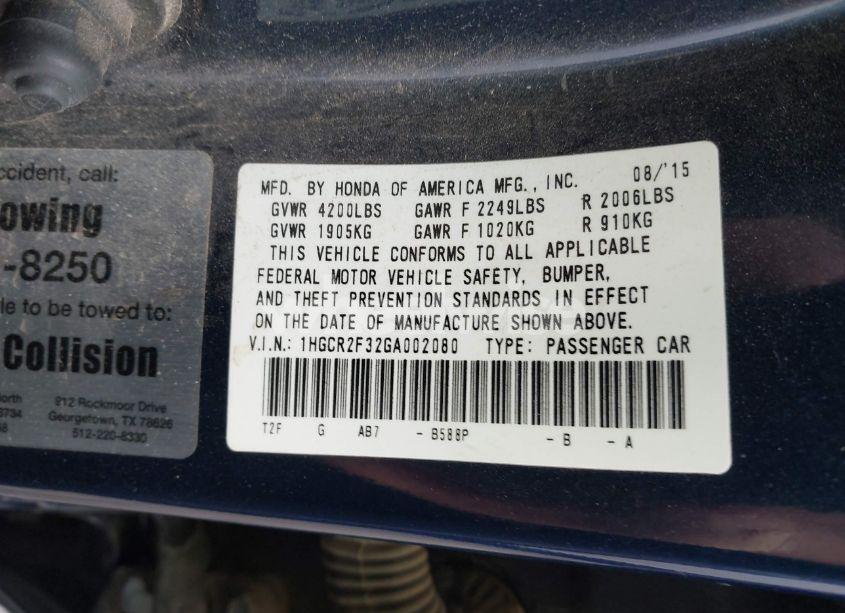 Photo 9 of 2016 Honda Accord LX (VIN 1HGCR2F32GA002080)