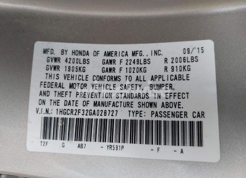 Photo 9 of 2016 Honda Accord LX (VIN 1HGCR2F32GA028727)