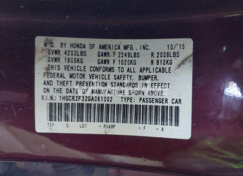 Photo 9 of 2016 Honda Accord LX (VIN 1HGCR2F32GA061002)