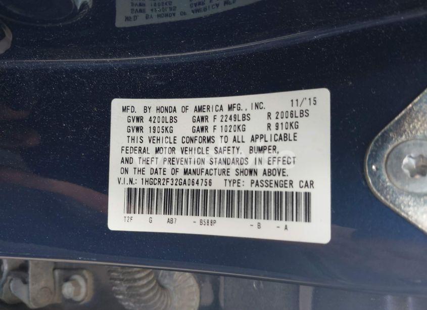 Photo 9 of 2016 Honda Accord LX (VIN 1HGCR2F32GA064756)