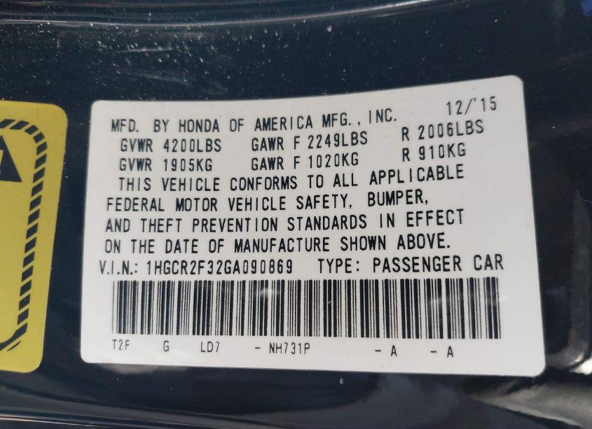 Photo 9 of 2016 Honda Accord LX (VIN 1HGCR2F32GA090869)