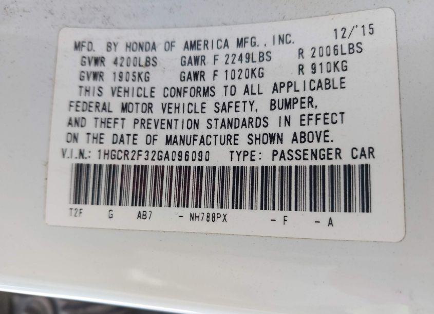 Photo 9 of 2016 Honda Accord LX (VIN 1HGCR2F32GA096090)