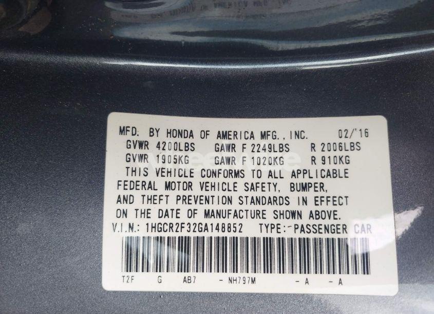 Photo 9 of 2016 Honda Accord LX (VIN 1HGCR2F32GA148852)