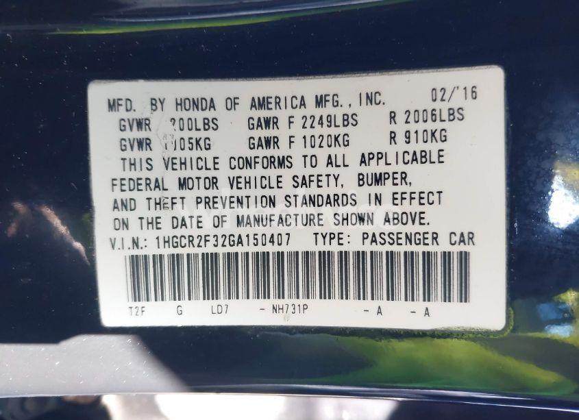 Photo 9 of 2016 Honda Accord LX (VIN 1HGCR2F32GA150407)