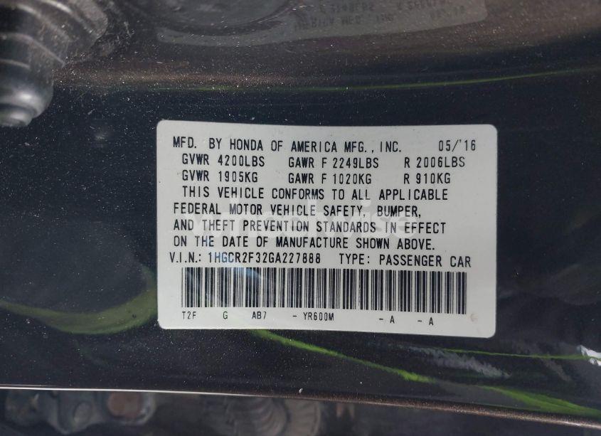 Photo 9 of 2016 Honda Accord LX (VIN 1HGCR2F32GA227888)