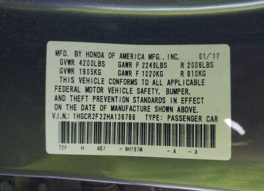 Photo 9 of 2017 Honda Accord LX (VIN 1HGCR2F32HA136766)