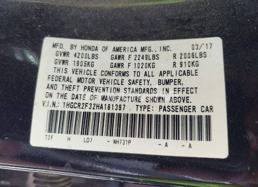 Photo 9 of 2017 Honda Accord LX (VIN 1HGCR2F32HA181397)