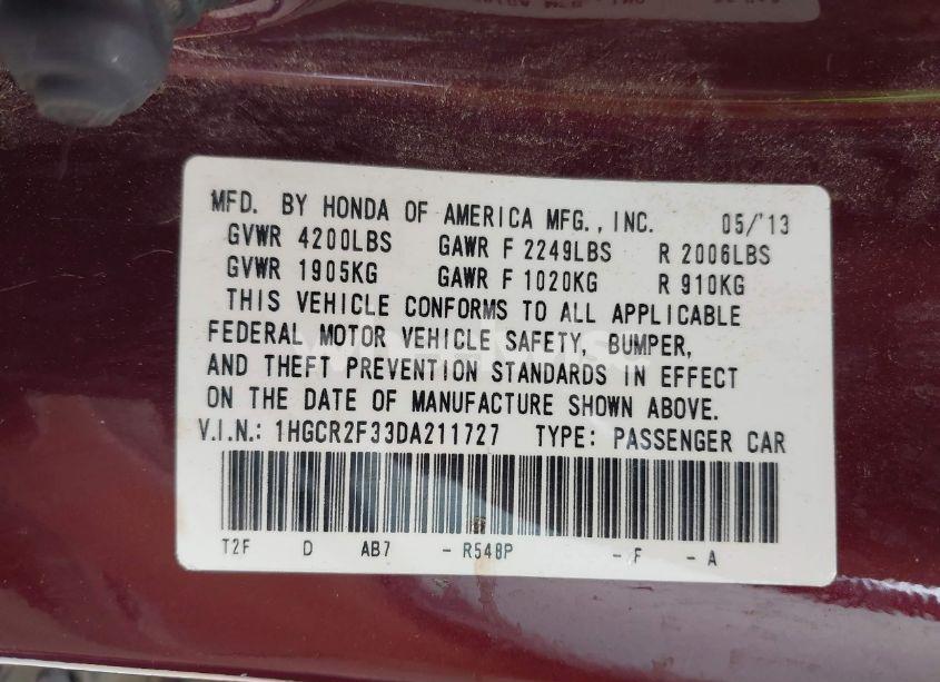 Photo 9 of 2013 Honda Accord LX (VIN 1HGCR2F33DA211727)