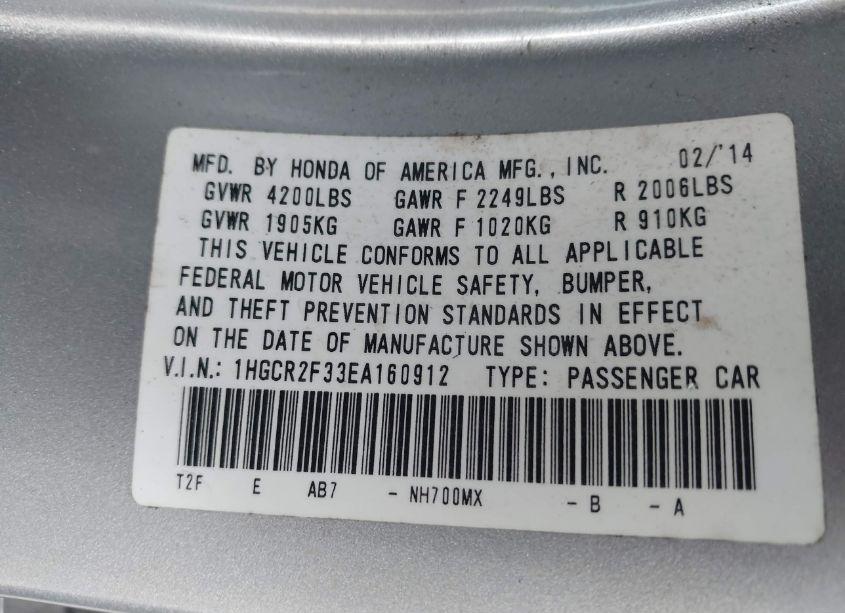 Photo 9 of 2014 Honda Accord LX (VIN 1HGCR2F33EA160912)