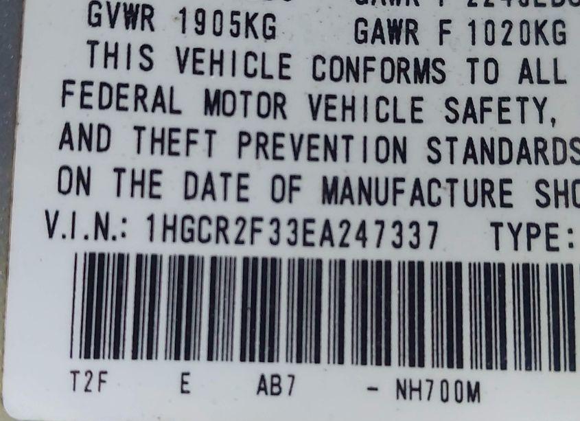 Photo 9 of 2014 Honda Accord LX (VIN 1HGCR2F33EA247337)