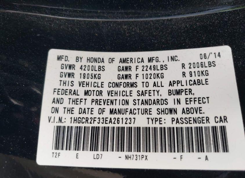 Photo 9 of 2014 Honda Accord LX (VIN 1HGCR2F33EA261237)