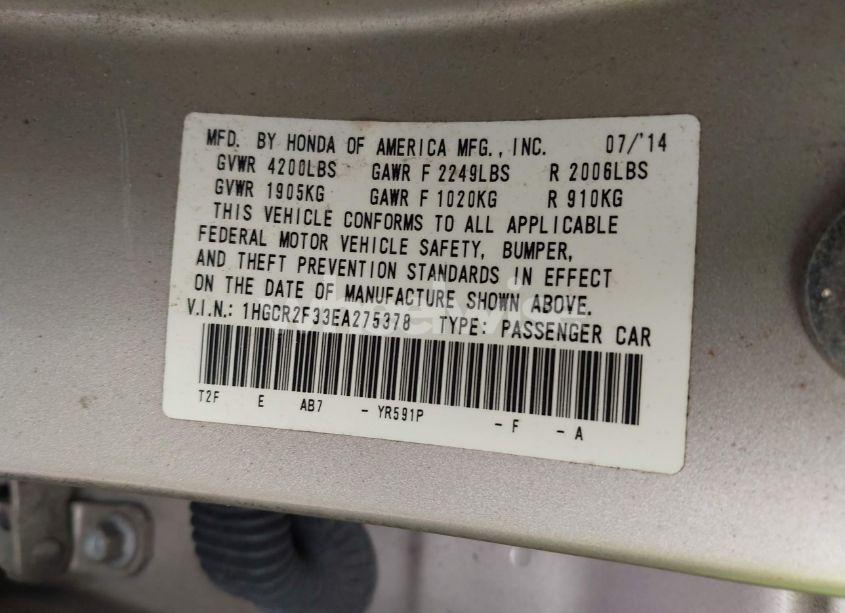 Photo 9 of 2014 Honda Accord LX (VIN 1HGCR2F33EA275378)