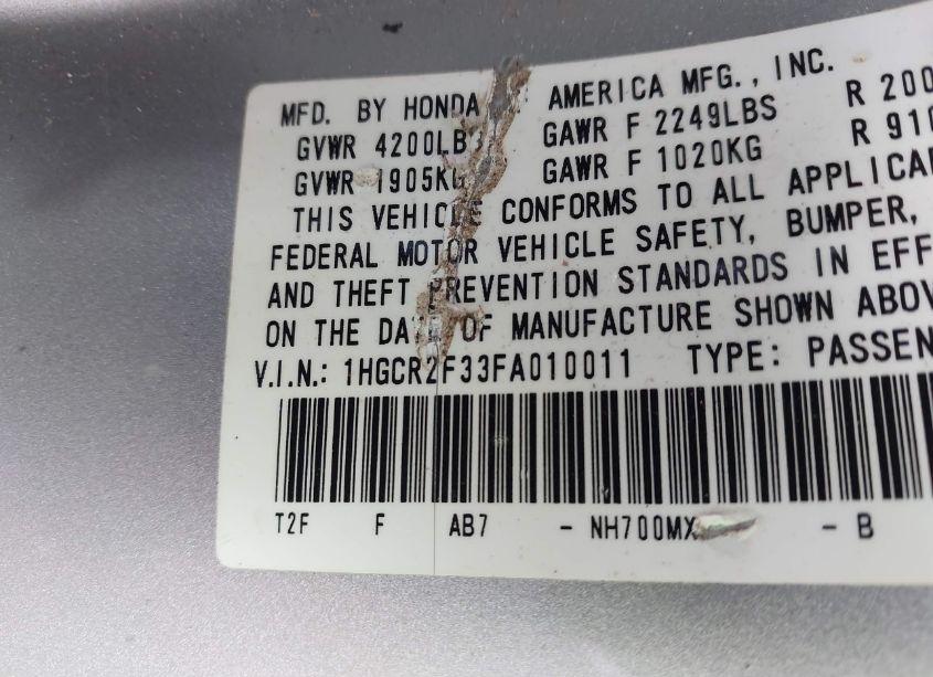 Photo 9 of 2015 Honda Accord LX (VIN 1HGCR2F33FA010011)