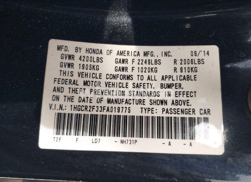 Photo 9 of 2015 Honda Accord LX (VIN 1HGCR2F33FA019775)