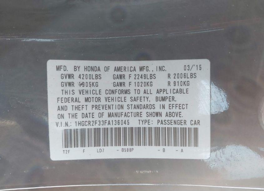 Photo 9 of 2015 Honda Accord LX (VIN 1HGCR2F33FA136045)