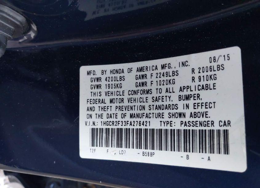 Photo 9 of 2015 Honda Accord LX (VIN 1HGCR2F33FA276421)