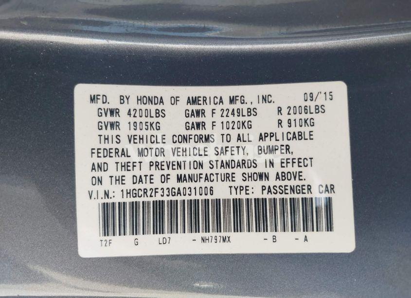 Photo 9 of 2016 Honda Accord LX (VIN 1HGCR2F33GA031006)