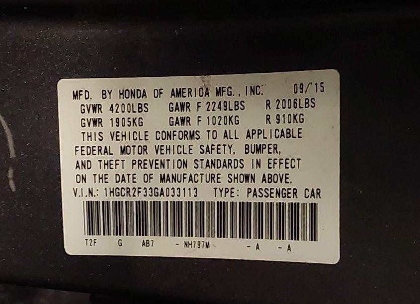 Photo 9 of 2016 Honda Accord LX (VIN 1HGCR2F33GA033113)