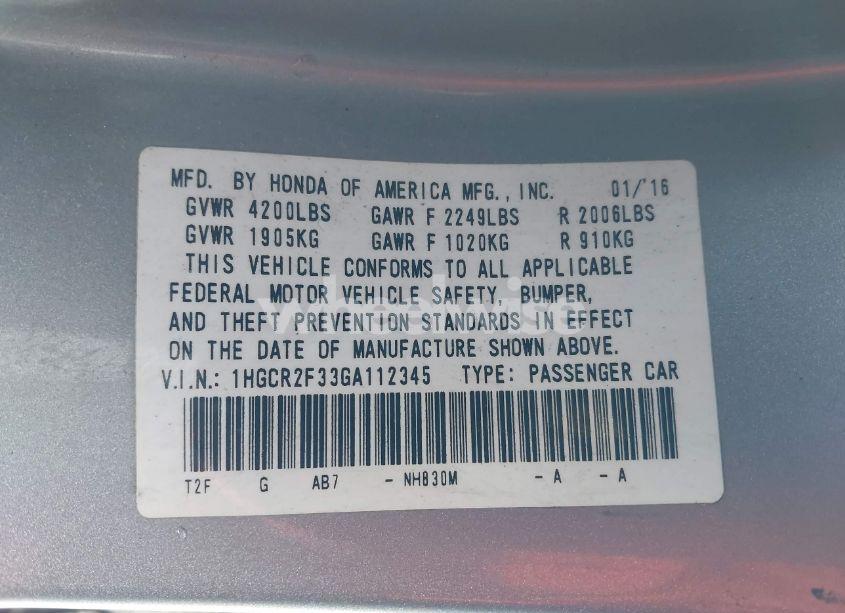 Photo 9 of 2016 Honda Accord LX (VIN 1HGCR2F33GA112345)
