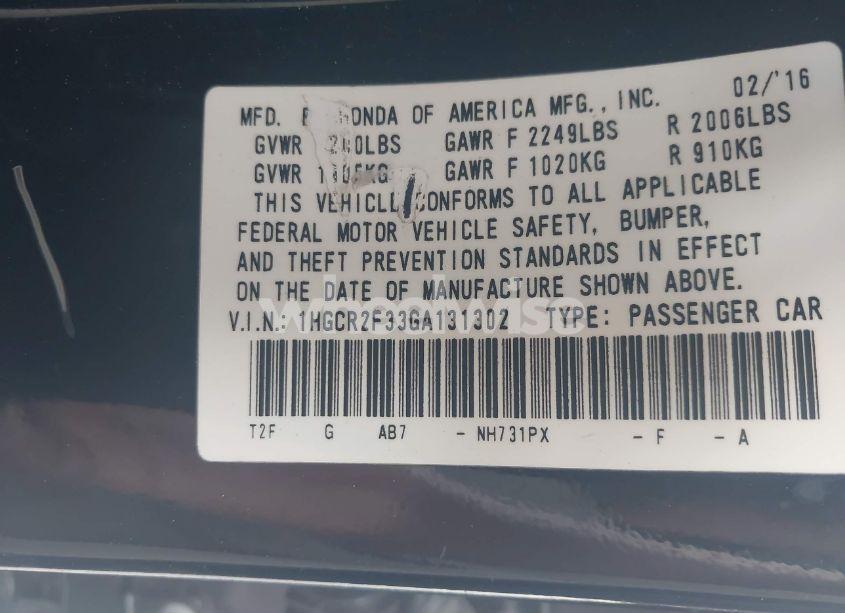 Photo 9 of 2016 Honda Accord LX (VIN 1HGCR2F33GA131302)