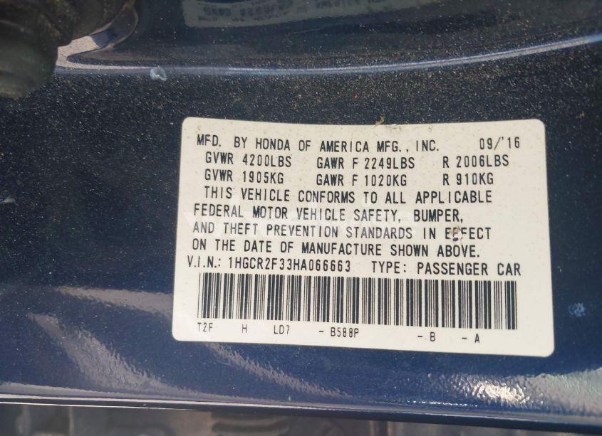 Photo 9 of 2017 Honda Accord LX (VIN 1HGCR2F33HA066663)