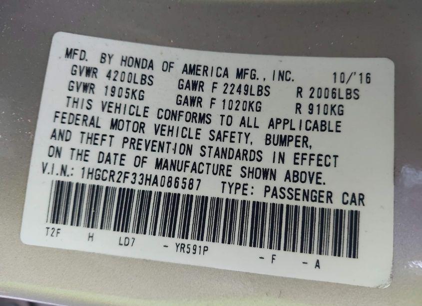 Photo 9 of 2017 Honda Accord LX (VIN 1HGCR2F33HA086587)