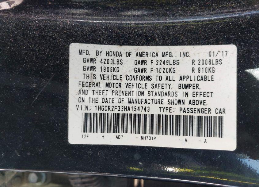 Photo 9 of 2017 Honda Accord LX (VIN 1HGCR2F33HA154743)