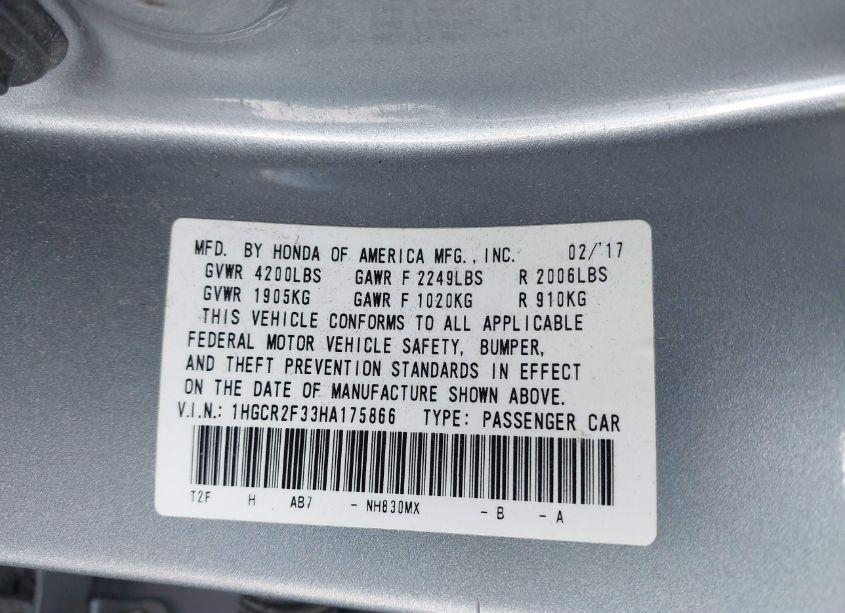 Photo 9 of 2017 Honda Accord LX (VIN 1HGCR2F33HA175866)