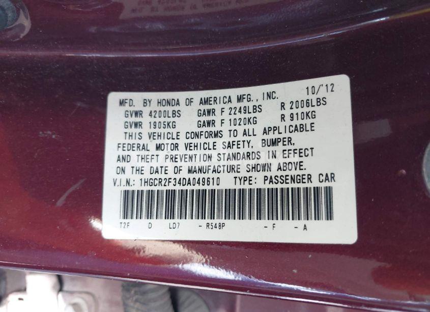 Photo 9 of 2013 Honda Accord LX (VIN 1HGCR2F34DA049610)