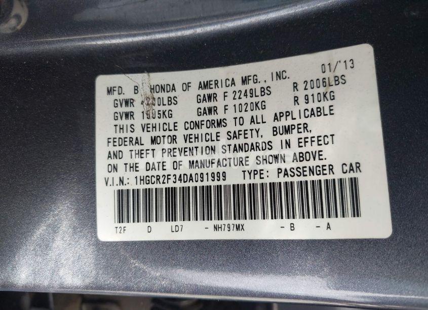 Photo 9 of 2013 Honda Accord LX (VIN 1HGCR2F34DA091999)