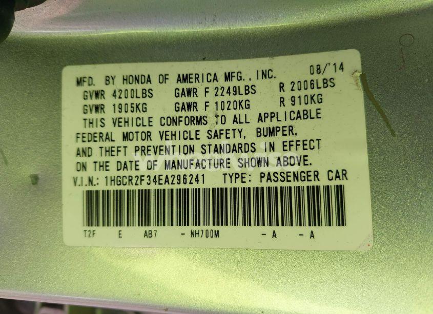 Photo 9 of 2014 Honda Accord LX (VIN 1HGCR2F34EA296241)