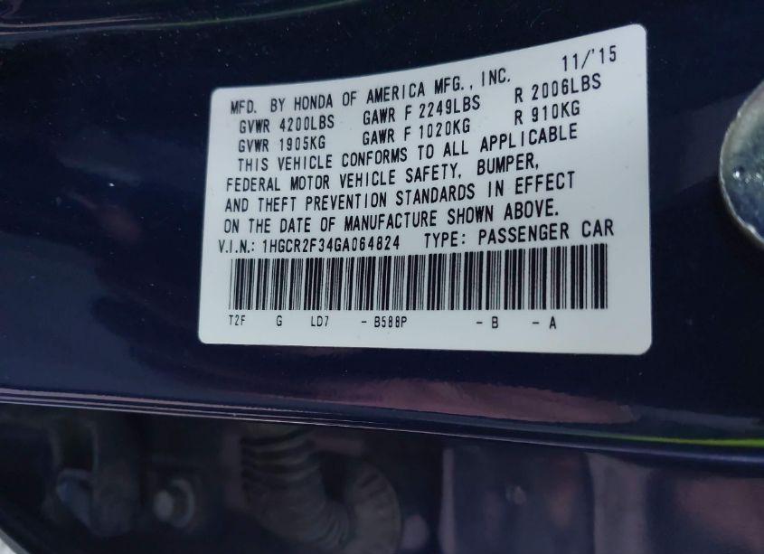 Photo 9 of 2016 Honda Accord LX (VIN 1HGCR2F34GA064824)