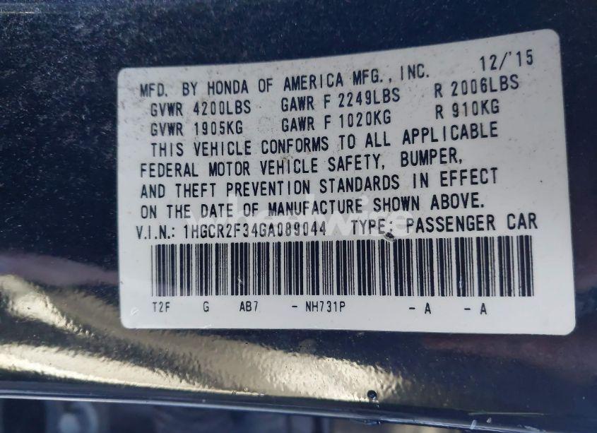 Photo 9 of 2016 Honda Accord LX (VIN 1HGCR2F34GA089044)