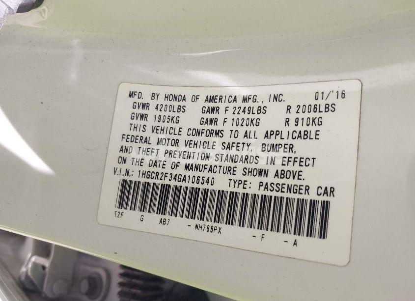 Photo 9 of 2016 Honda Accord LX (VIN 1HGCR2F34GA106540)