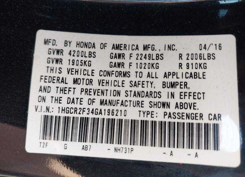 Photo 9 of 2016 Honda Accord LX (VIN 1HGCR2F34GA196210)