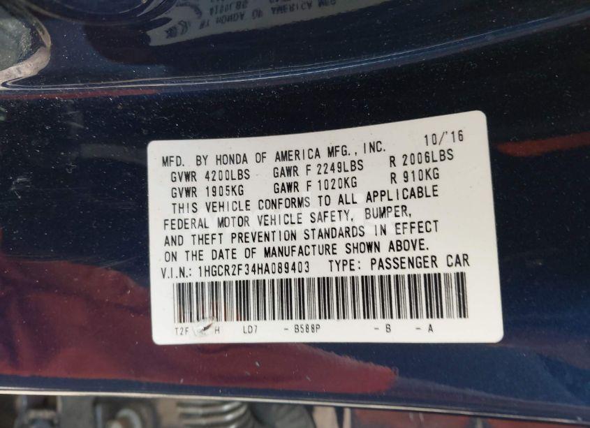 Photo 9 of 2017 Honda Accord LX (VIN 1HGCR2F34HA089403)