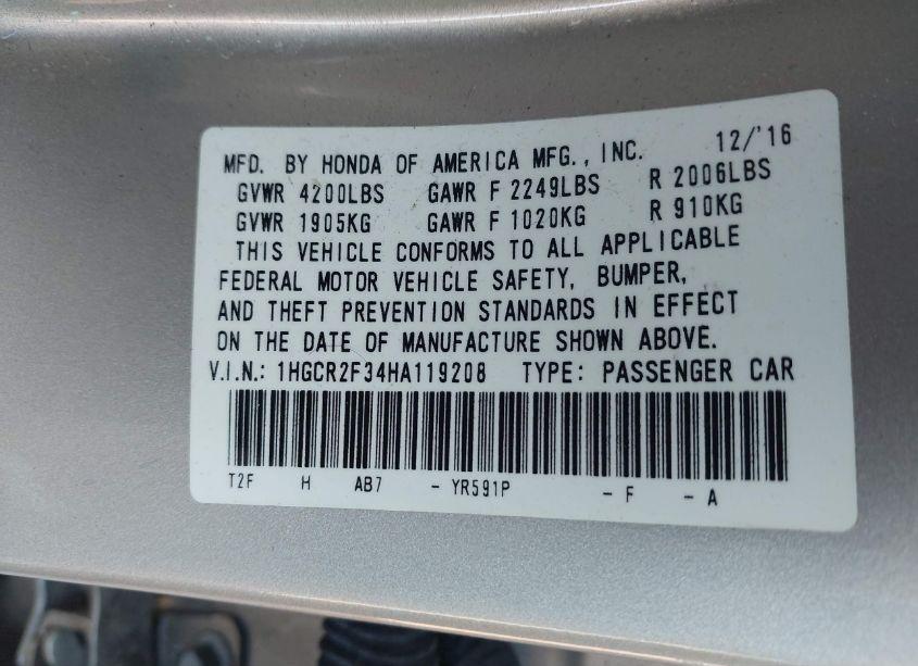 Photo 9 of 2017 Honda Accord LX (VIN 1HGCR2F34HA119208)