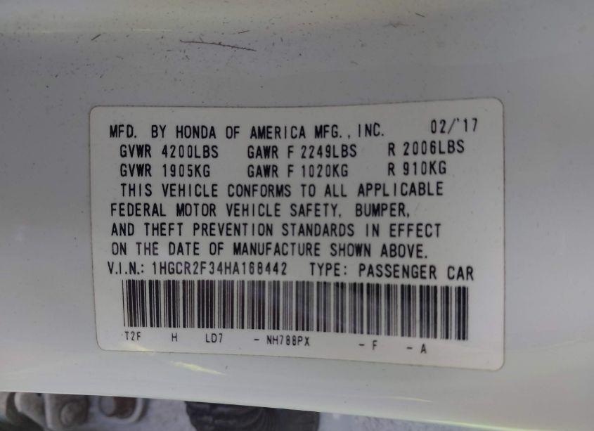 Photo 9 of 2017 Honda Accord LX (VIN 1HGCR2F34HA168442)